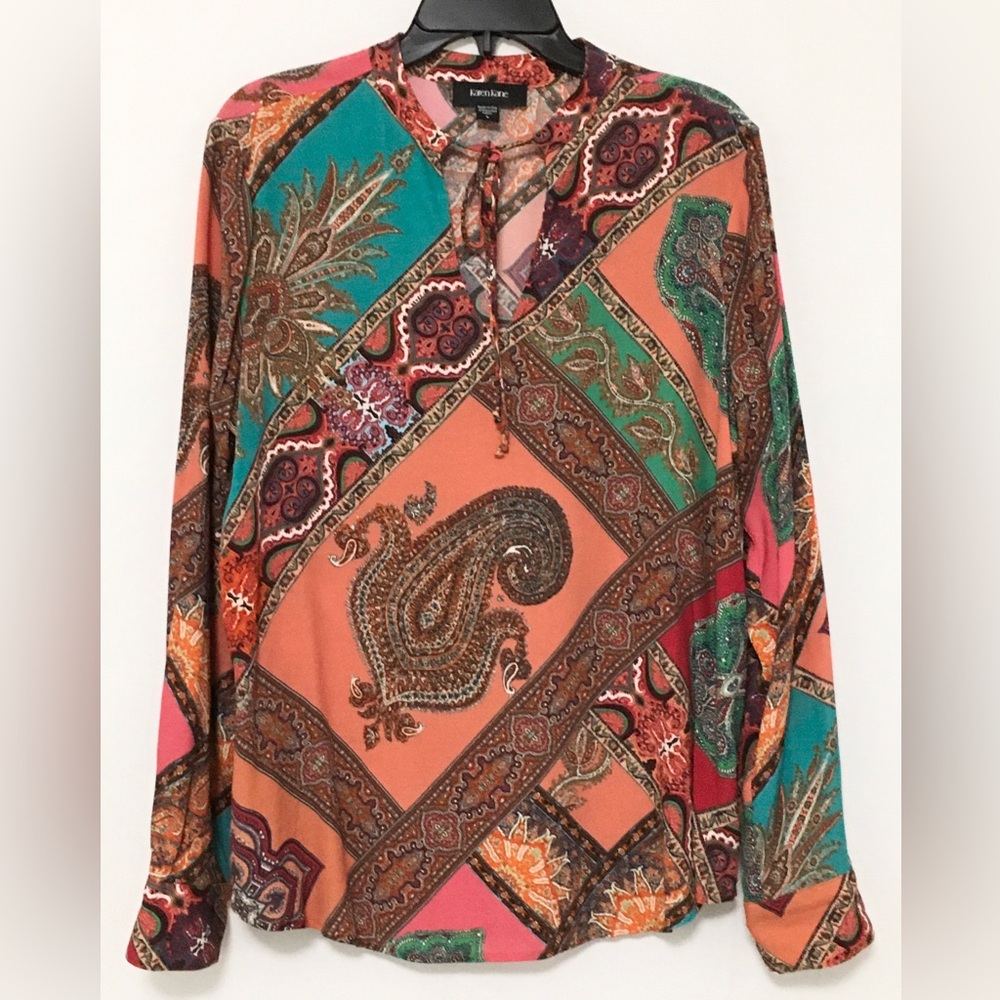 Karen Kane Women's Size L Tie Neck Long Sleeve Tile Print Shell Blouse